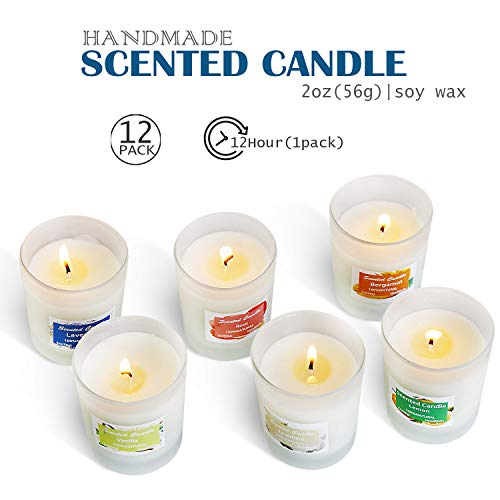 Helly Soy Candle Strong Scented Candles - Aromatherapy Candles Long Lasting Candles White Frosted Glass Jar Candle (Lemon, Lavender, Rose ，Jasmine，Vanilla，Bergamot) -12 Pack #TOP1