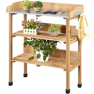 Yaheetech outdoor garden potting bench table wooden horticulture planting worstation wmetal tabletopstorage shelf3 hooks natural wood  urban country home decor
