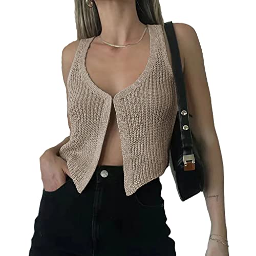Women Y2k Vintage Hook Eye Knit Top Vest V Neck Sleeveless Solid Causal Open Front Sweater Vest Streetwear