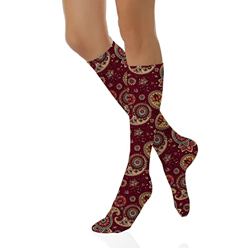 Fubido Paisley Funny Compression Socks Women And Men,Middle Eastern Pattern Of Bohemian,Best For Circulation,Running,Athletic,Nurse,Travel,Burgundy And Dark Mustard - 20 Inch #TOP20