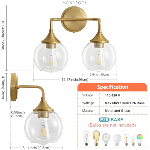 Gednbo Gold Bathroom Vanity Light with Clear Glass Shade, E26 Base, 2-Light Bathroom Light Fixtures Over Mirror, 14 Inch Vanity Lights for Bathroom (Exclude E26 Bulb) by Gednbo - Image 4