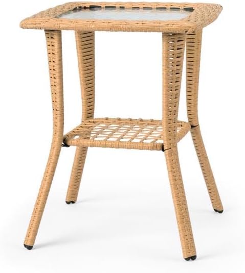 Outdoor Wicker Side Table, 2-Tier Rattan End Table with Glass Top, Beige Patio Coffee Bistro Table for Garden Porch Balcony, 18x18x22.6 Inches
