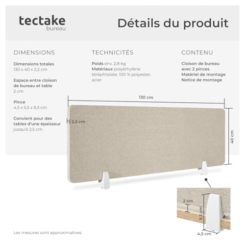 tectake® Cloison de Bureau Acoustique, Noyau en Pet insonorisant, 130x40 cm