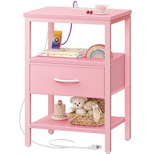 SUPERJARE Nightstand with Charging Station, Bed Side Table with Adjustable Fabric Drawer, Night Stand for Bedroom, 3-Tier Storage End Table, for Living Room, Pink
