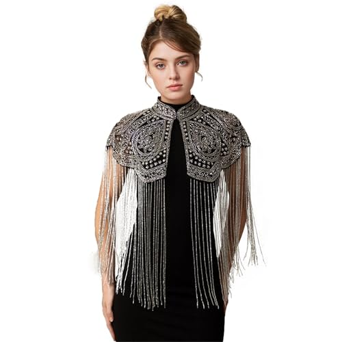 Old DIrd 1920s Sequin Shawl Wraps for Women Long Fringed Beaded Evening Capelet Art Deco for Evening Dresses Wedding Party Silver