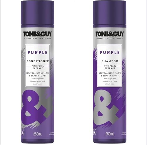 Toni & Guy Purple Shampoo & conditioner with pearl extracts to Enhance Shine for Coloured, T & G Highlights and Natural Blonde Hair, 250ml