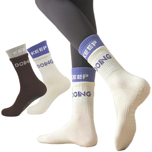 2-Pairs Grip Pilates Socks for Women with Non Slip Grippers, Yoga Slouch Socks with Grip for Barre Workout Hospital Long Scrunch Slipper