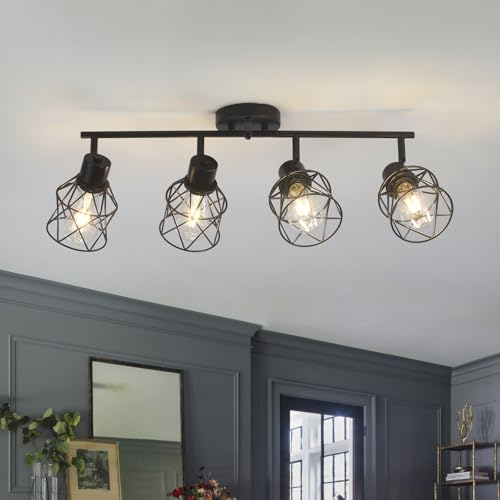BUXVRCS Adjustable Multi-Directional Black Light Fixtures, Kitchen Track Lighting, Kitchen Light Fixtures Ceiling Mount, Geometric Metal Cage Industrial Spotlight Fixtures for Dining Room