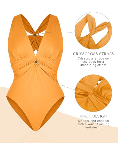 Image of SHAPELLX Women's One Piece Swimsuit Tummy Control Ruched Full Coverage Bathing Suit V Neck Slimming Swimwear