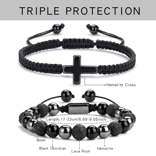 2 pcs Cross Beaded Bracelets for Men,8mm Black Obsidian Tiger eyes Hematite Mens Triple Protection Bracelet Set Fathers Day Birthday Jewelry Gifts4