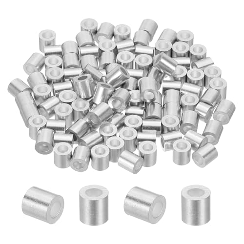 PATIKIL 1/8(3.3mm) Aluminum Wire Rope Stop Sleeve Set, 100 Pcs Crimping Loop Sleeve Single Hole Round Cable Ferrule for Wire Rope Cable Line, Silver