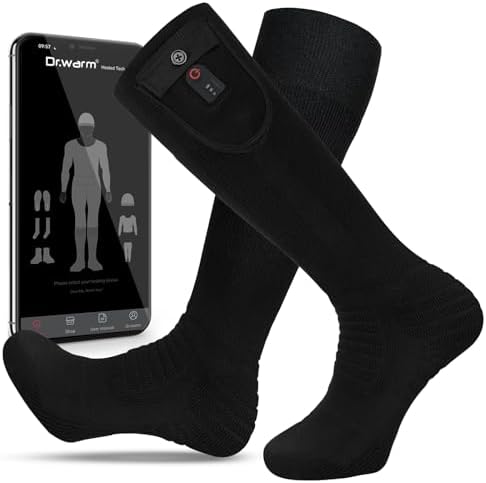 Dr.Warm Heated Socks with APP Remote Control, 3000mAh 7.4V Rechargeable Battery Heating Socks for Men Women, Winter Foot Warmer for Hunting Ice Fishing Camping Hiking Skiing/Black L