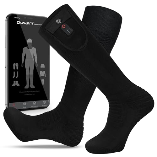 Dr.Warm Heated Socks with APP Remote Control, 3000mAh 7.4V Rechargeable Battery Heating Socks for Men Women, Winter Foot Warmer for Hunting Ice Fishing Camping Hiking Skiing/Black L