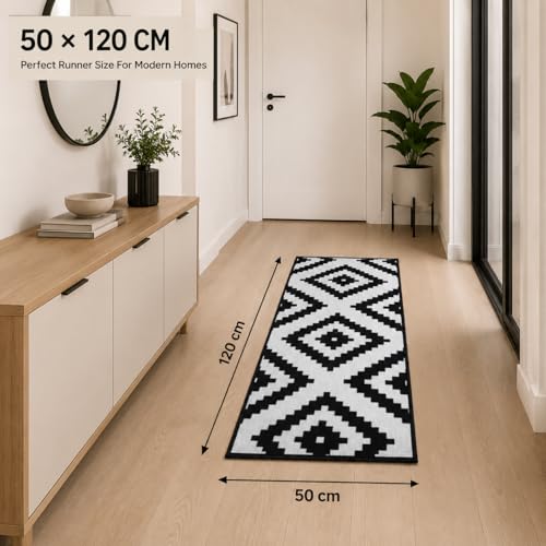 Image of Matz&More Pattern Jacquard Runner Mat | 50x120 CM | Black Offwhite | Nylon Tufted Gel Baking Anti-Slip | Doormat for Home Entrance, Kitchen & Bedroom