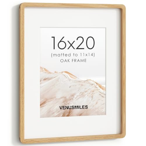 Image of 16 x 20 Picture Frame, USA-Sourced Natural Oak Wood Photo Collage Frame with HD Tempered Glass, 16x20 Wooden Frame Matted to 11x14, Vertical & Horizontal Wall Hanging Display