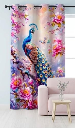 Image of Digital Printed Curtain with Pink Rose and Butterfly Design, 7 Feet, Grommet Top, White (1, Peacock Pink Flower, 7 Feet)