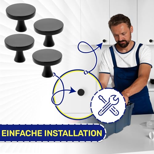 MONTERAL 4 Stück Möbelknöpfe Ø33,5 mm H26 mm - Schrankknöpfe aus Zink-Aluminium Legierung - Schrankgriffe in Matt Schwarz Farbe - Garantie 10 Jahre