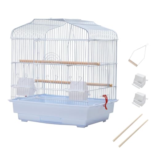 Small Bird Cage, Parrot Cage with Perches, Food Bowls, Swing & Removable Tray, White Wire Bird Travel Box for Home, Outing for Small Medium Birds Budgie Parakeet Cockatiel Canary 46 x 36 x 52 cm