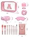 Gift Sets for Women, Initial Makeup Bag with Makeup Brush Set Bachelorette Party Favors, Pink Spa Kit with Skincare Headbands Wrist Bands Sleepover Party Supplies Gifts for Teen Girls Bridesmaid A