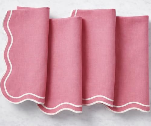 Pink Cloth Dinner Napkins Set of 4 – 100% Cotton 18x18 Scallop Embroidered Washable Napkins with White Trim – Elegant Pink Table Linens for Wedding, Baby Shower, Holiday & Everyday Dining Table Décor