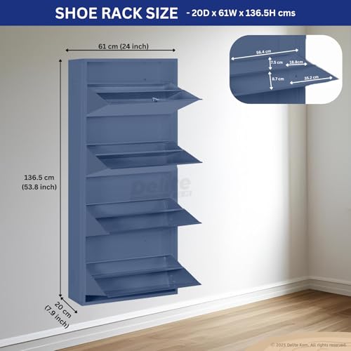 Image of Delite Kom 24 inch Wide, 8 Shelf Metal Shoe Rack Wall Mounted for Home with Central Lock | Holds Upto 24 Shoes or 40 Slippers Pair | Double Decker, 1 Yr Warranty, (54x24x8 inch, Graphite Grey)DIY, Space Saver