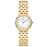 dugena gold silber FEIN AUSGEARBEITET BIS INS KLEINSTE DETAIL – robustes goldenes Edelstahlgehäuse (Ø: 26 mm) mit längenverstellbarem goldenem Edelstahlarmband (mit Drückerfaltschließe); qualitätsstarkes zuverlässiges Quarzwerk. Wasserdichtigkeit: 3 bar.