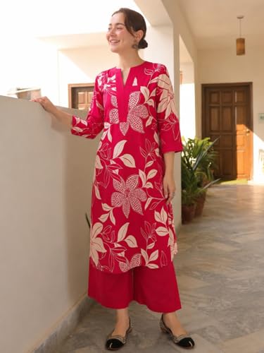 Image of GoSriKi Co Ord Set for Women Viscose Printed | Kurti Set for Woman | Straight Kurta Palazzo Co Ord Set | 2 Piece Set Women | 3 /4 Sleeve V-Neck Suit Set Stylish Ethnic Outfit Clothing