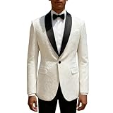 Men's Ivory Tuxedo Jacket with Black Shawl Lapel, Jacquard Pattern, Single Button, Formal Dinner Blazer