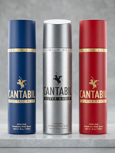 Image of Cantabil Silver Amber, Electric Blue, Burnt Brick Unisex No Gas Deodorant Body Spray | Combo Of 3 X 150ml With Mint, Lemon, Citrus | Perfume Deo For Men & Women | Rakhi Gift for Brother