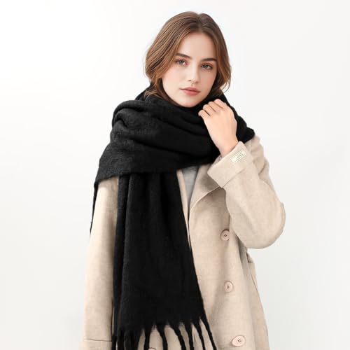 Premillow Women\'s Mohair Winter Scarf Pure Color, Warm Winter Scarf for Women and Men, Super Soft Luxurious Cashmere Feel Women Scarfs, Black