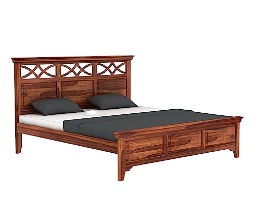 Image of Wooden Queen Size Bed Without Storage - Solid Wood Queen Cot - Cot Akka Bed - Stylish Bedroom Furniture (Queen, Allana, Honey Finish)