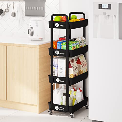 Laiensia 4-Tier Storage Cart,Multifunction Utility Rolling Cart Kitchen Storage Organizer,Mobile Shelving Unit Cart With Lockable Wheels For Bathroom,Laundry,Living Room,With Classified Stickers,Black #TOP6