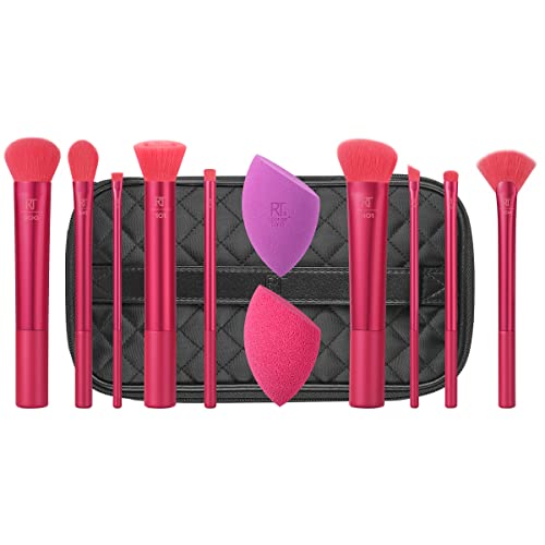 Real Techniques Limited Edition Frost Your Face Makeup Brush & Sponge Holiday Kit, For Liquid, Powder, Cream Makeup, Latex-Free Makeup Blending Sponge, Synthetic Bristles, 12 Piece Set