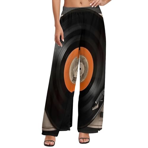 Women's High Waist Wide Leg Pants Flowy Casual Vintage Vinyl Record Pants Summer Beach Vacation Clothes