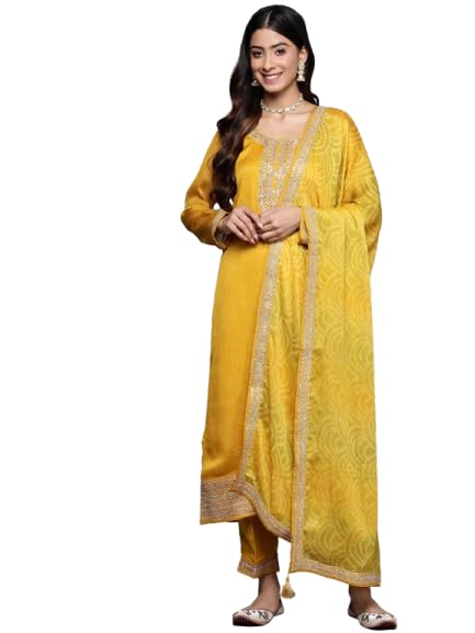 Image of Libas Printed Chiffon Straight Kurta With Trouser and Dupatta