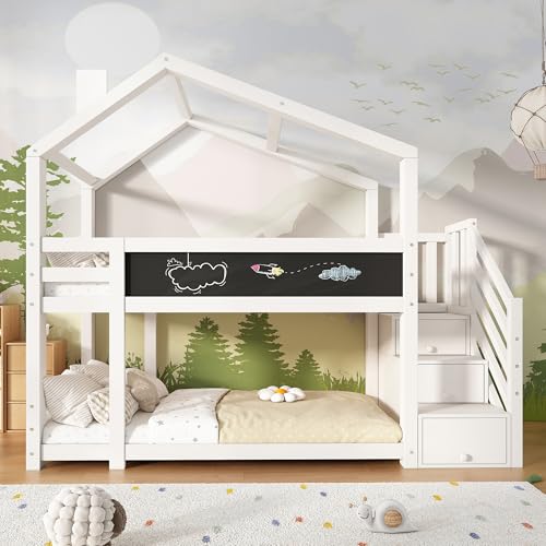 muenfly Litera con tobogán para 2 niños, cama alta de 90 x 200 cm, color blanco, escalera de cajón, pizarra y protección contra caídas, cama de madera maciza, certificado EN 747-1 (sin colchón)