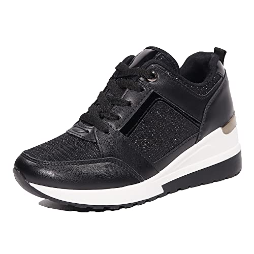 EETTARO Women's Wedge Platform Fashion Sneakers Ladies Lace Up High Heel Lightweight Walking Shoes(Black PU, Numeric_11)