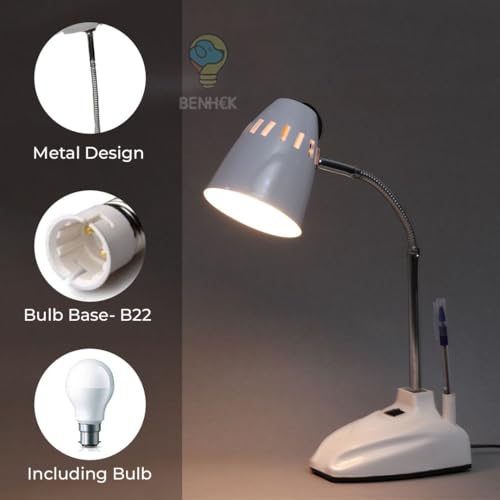 Image of BEHMEK LED Desk Lamp for Study Table | Adjustable Metal Reading Lamp with Flexible Neck | Eye Care Table Light for Students, Bedroom, Office & Work Desk (White)