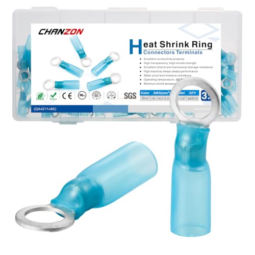 Chanzon 80pcs 1/4" Heat Shrink Ring Terminal M6 UL Recognized 16-14AWG Blue