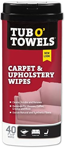 Tub O' Towels Carpet, Rug and Upholstery Cleaning Wipes - Super Strong Stain Remover, Odor Resistant, Safe for Natural and Synthetic Fibers 40" to 7" x 8" Wipes, 1 Tub Pack, Light Citrus Scent