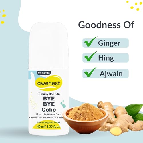 Image of Awenest Baby Tummy Roll-On for Babies | Helps Ease Gas, Colic, Constipation & Indigestion | Ayurvedic External Care with Ginger, Hing & Ajwain | Dermatologically Tested | 40ml