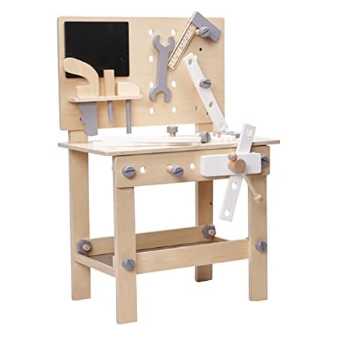 Selonis Wooden Workbench With A Tool Kit For Children, Pretend Play Construction, Beige Cover