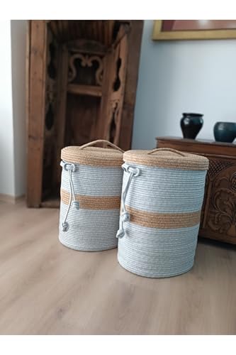Oval Hasır Dokuma Kapaklı Sepet – Gri & Bej Gri - Bej 25 x 35