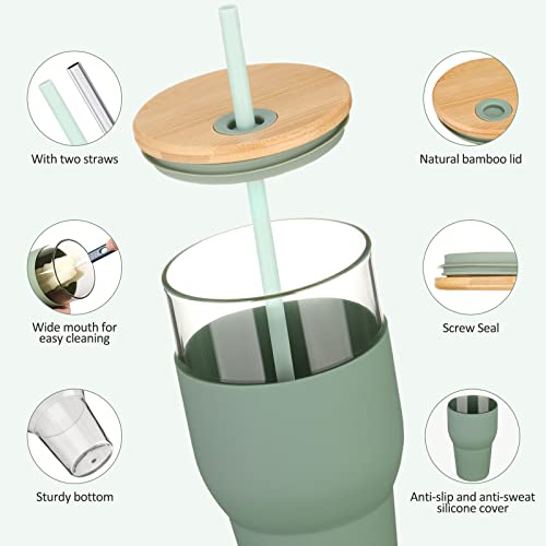 Kytffu 32Oz Glass Tumbler With Straw And Lid, Reusable Boba Smoothie Cup Iced Coffee Tumbler With Silicone Sleeve, Fits Cup Holder Water Bottle Bpa Free, Olive #TOP1
