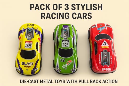 Image of DREAMY DEN Metal Die-Cast Pull Back Cars Set of 3 | Mini Sports Racing Cars for Kids | Fast, Durable & Colorful Toy Vehicles | Ideal Gifting Option for 3+ Years