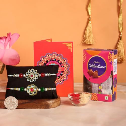 Image of Frostick Designer Rakhi With Chocolate Gift For Bhaiya /Bhai /Brother With Greeting Card, Tilak Chawal And Silver Coin (Small Cadbury Celebration, Pack Of 2) (Random Design Rakhi, 150 Gm)