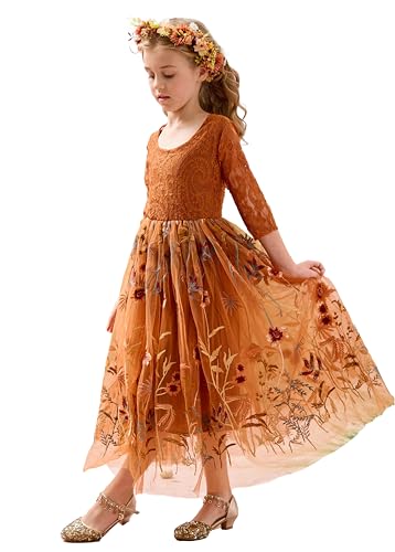 VEYOLOB Flower Girl Dress A-Line Floral Embroidered Tulle Lace Long Sleeve Dresses for Wedding Garden Birthday Party