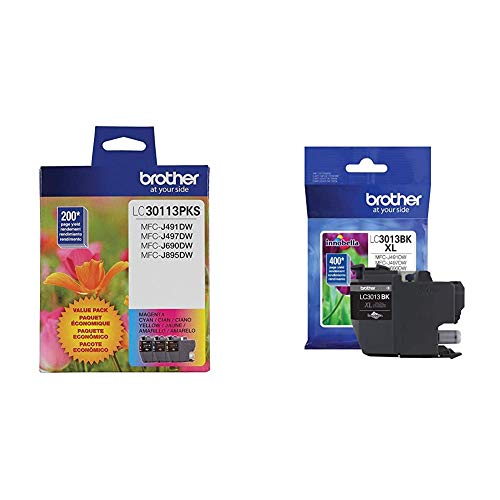 Brother Genuine LC30113PKS 3-Pack Standard Yield Color Ink Cartridges, Up to 200 Pages Cyan, Magenta and Yellow & Printer High Yield Ink Cartridge Page Up to 400 Pages Black (LC3013BK), Standard