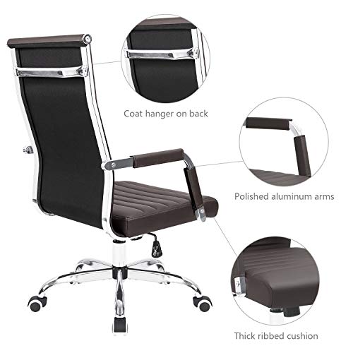 KaiMeng Ribbed Office Desk Mid Back Computer Chair Height Adjustable Conference Executive Task Swivel PU Leather (Brown)