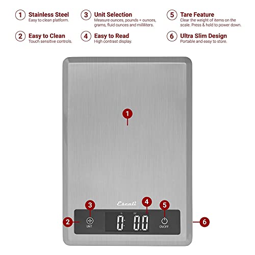 Escali T115S Ultra Thin Kitchen, Office, Herb Scale, Tare Functionality, Lcd Digital Display, 11Lb Capacity, Silver #TOP1